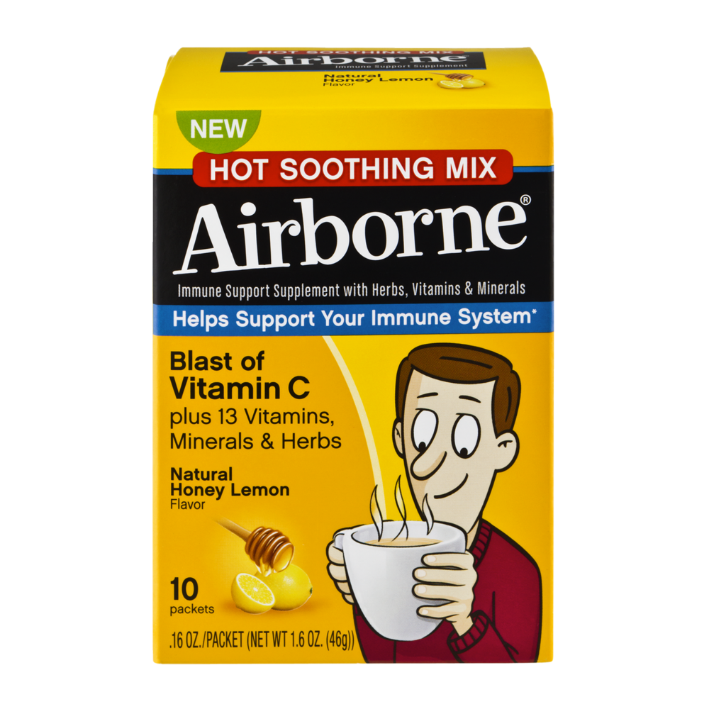 slide 1 of 1, Airborne Hot Soothing Mix Immune Support Supplement Natural Honey Lemon Flavor Packets, 10 ct