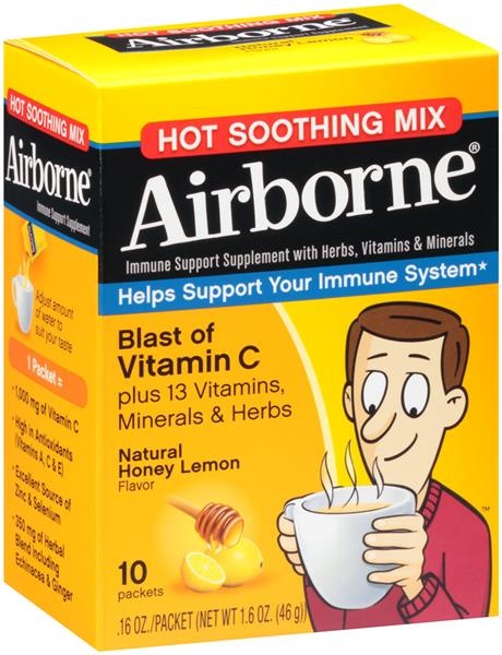 slide 1 of 1, Airborne Hot Soothing Mix Immune Support Supplement Natural Honey Lemon Flavor Packets, 10 ct
