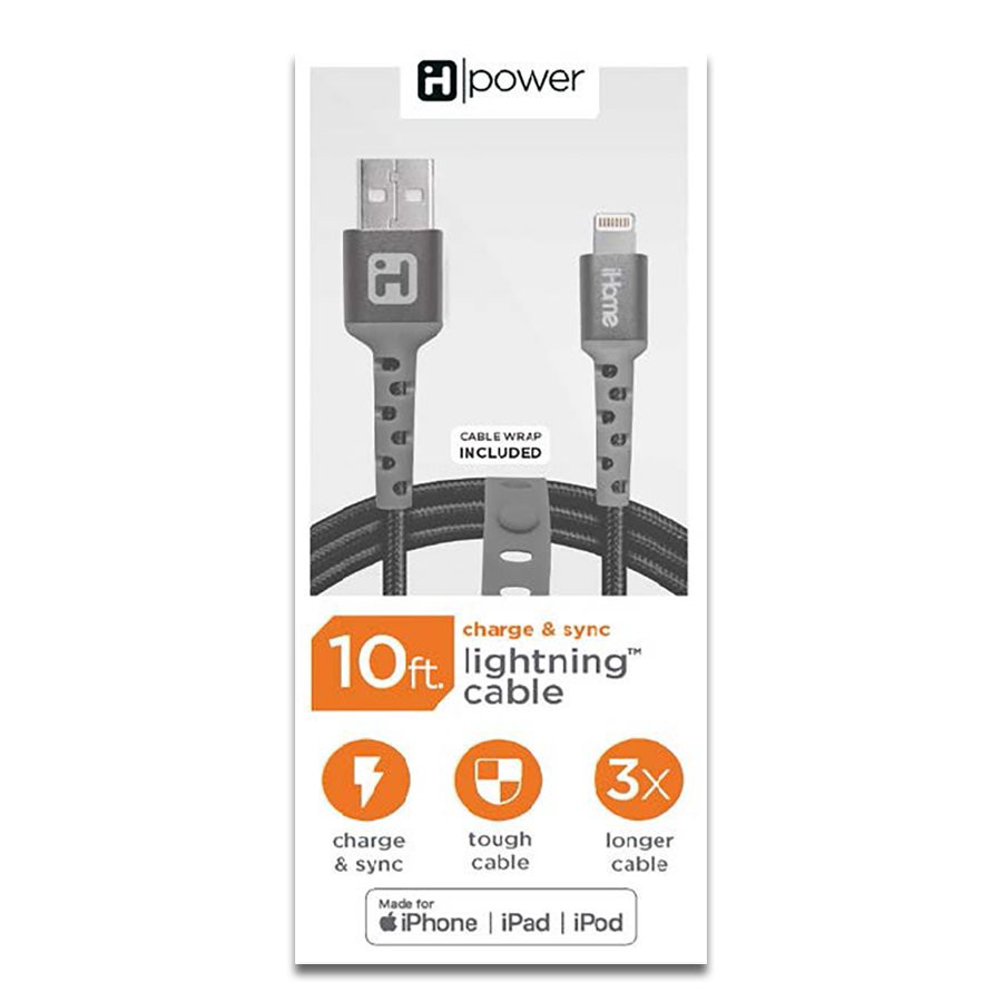 slide 1 of 1, iHome Lightning to USB-A Charging Cable - Black, 10 ft