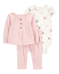 Carter's Baby 3-Piece Barn Print Little Cardigan Set - Pink/White - 9M