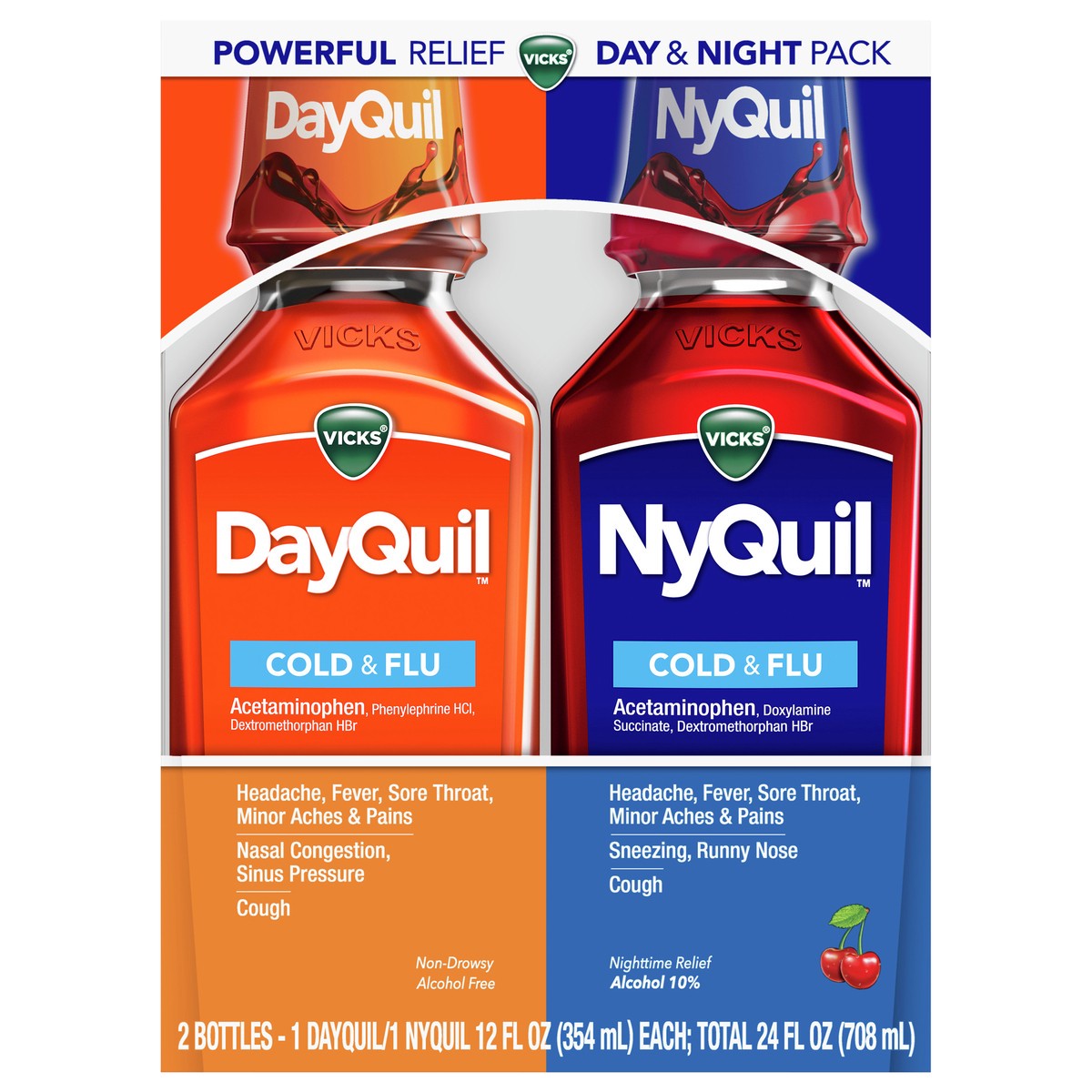 slide 1 of 3, Vicks DayQuil & NyQuil Cold & Flu Medicine Liquid - Cherry - 24 fl oz, 24 fl oz