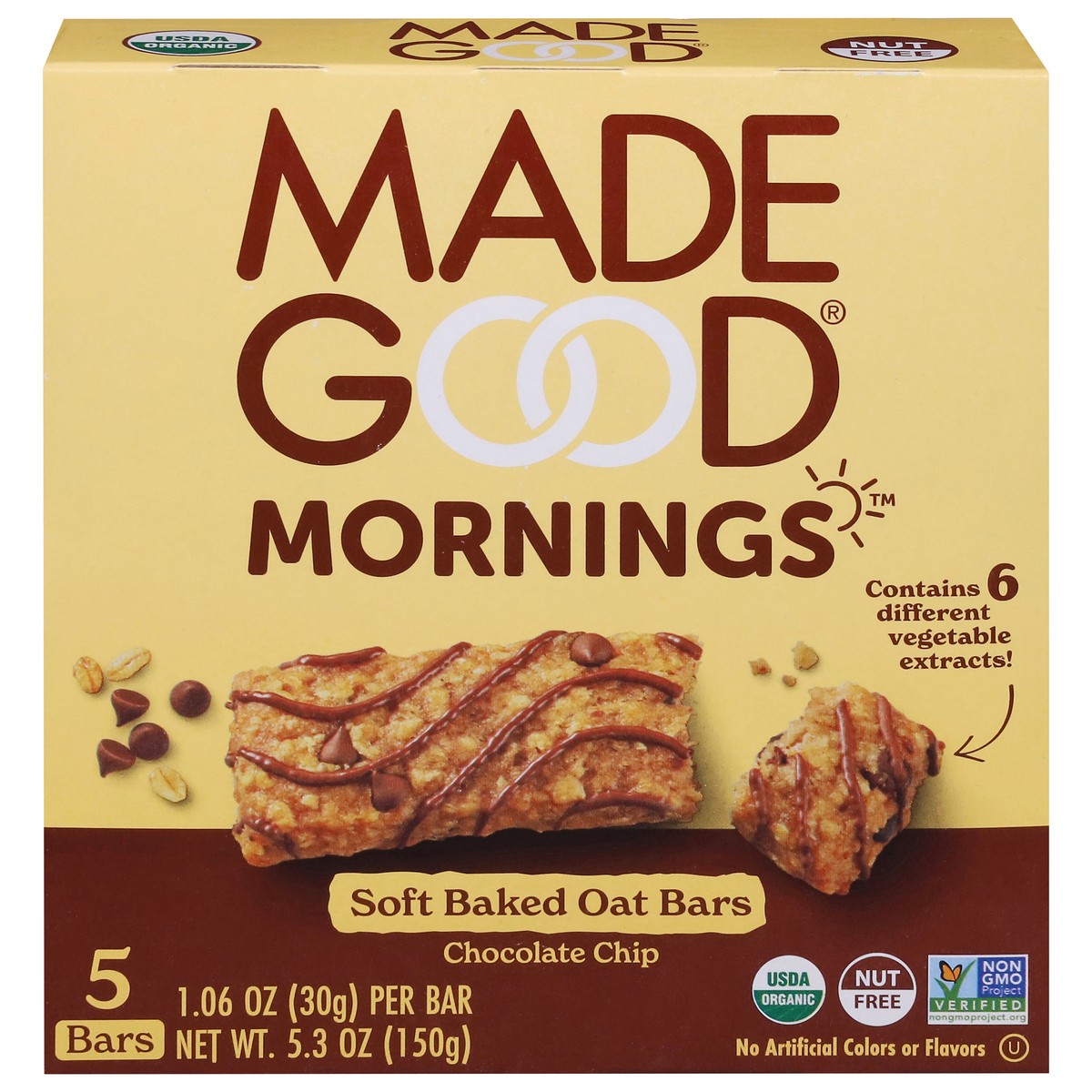 slide 1 of 10, MadeGood Mornings Soft Baked Chocolate Chip Oat Bars 5 - 1.06 oz Bars, 5 ct