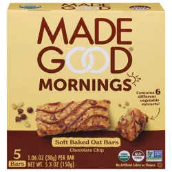MadeGood Mornings Soft Baked Chocolate Chip Oat Bars - 5 x 1.06 oz Bars