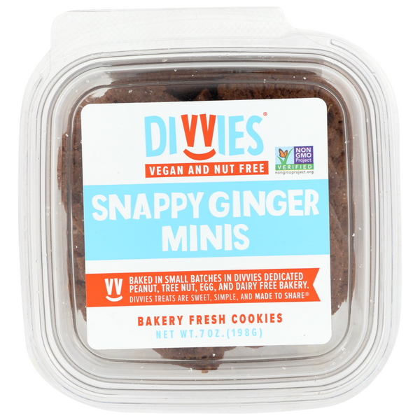 slide 1 of 1, Divvies Vegan & Nut Free Snappy Ginger Mini Cookies, 7 oz