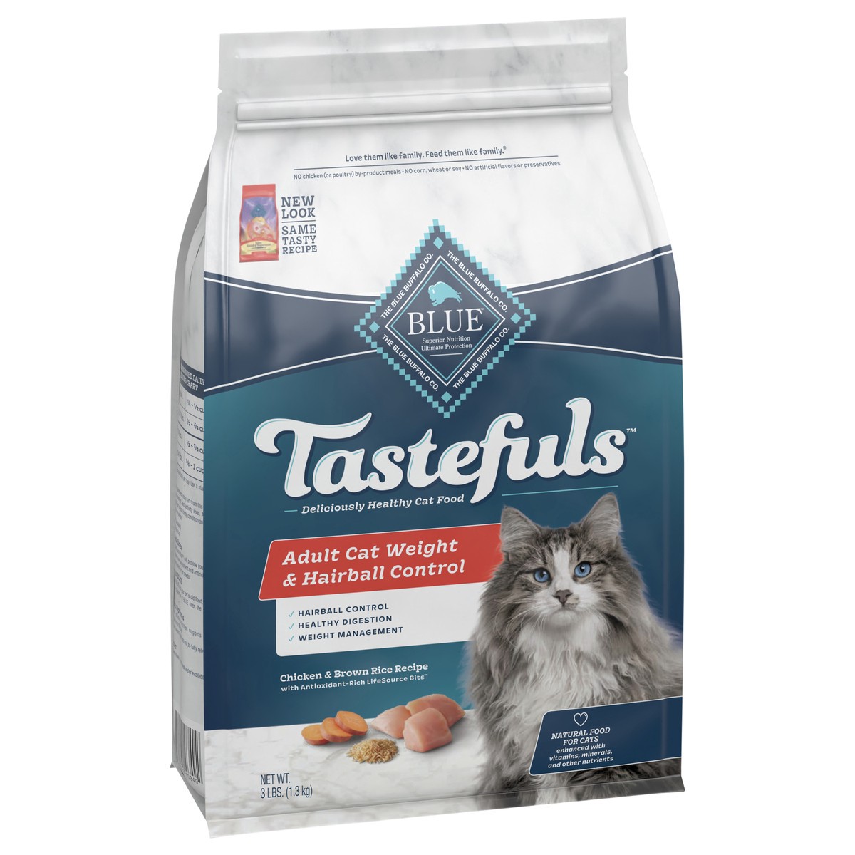 slide 6 of 7, Blue Buffalo Tastefuls Weight & Hairball Control Natural Adult Dry Cat Food, Chicken, 3lb bag, 3 lb