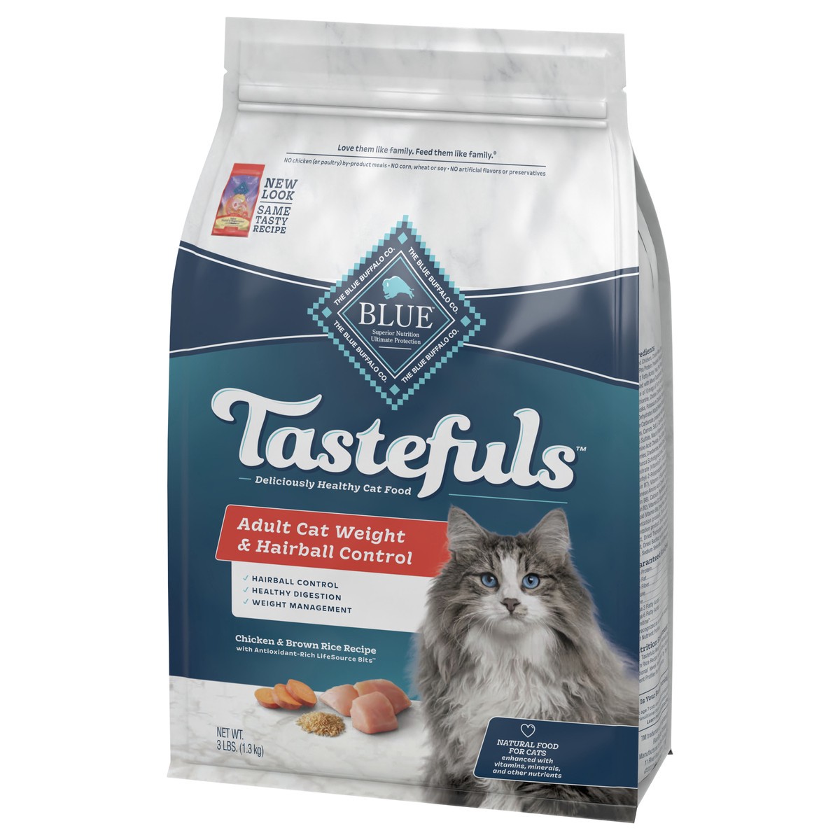 slide 4 of 7, Blue Buffalo Tastefuls Weight & Hairball Control Natural Adult Dry Cat Food, Chicken, 3lb bag, 3 lb