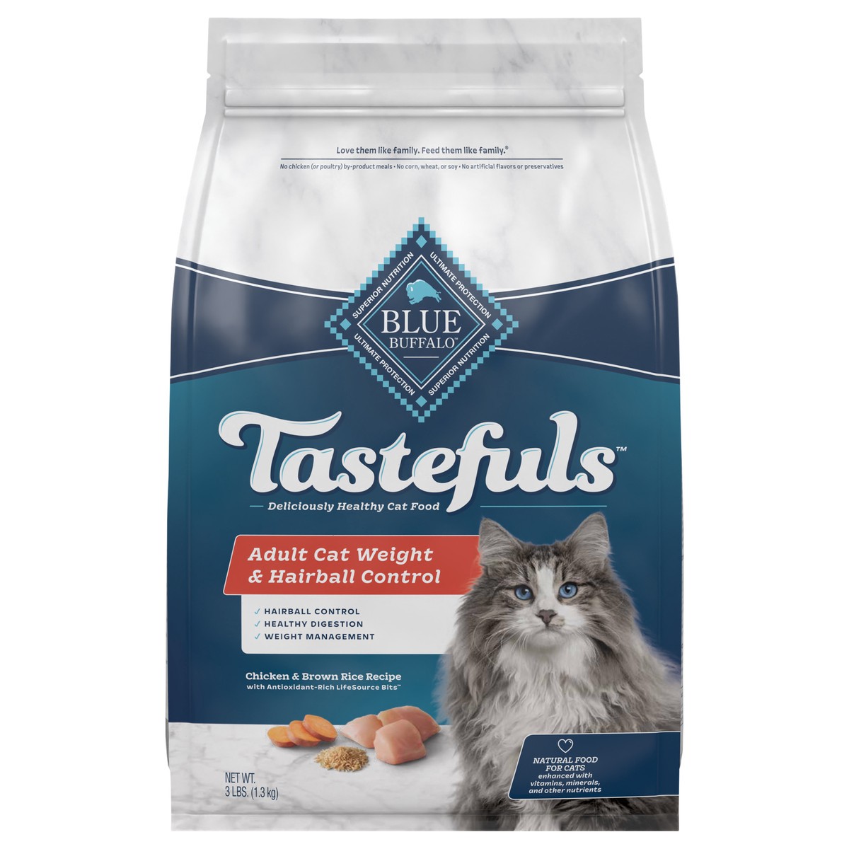 slide 1 of 7, Blue Buffalo Tastefuls Weight & Hairball Control Natural Adult Dry Cat Food, Chicken, 3lb bag, 3 lb