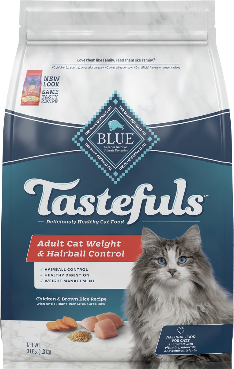 slide 5 of 7, Blue Buffalo Tastefuls Weight & Hairball Control Natural Adult Dry Cat Food, Chicken, 3lb bag, 3 lb