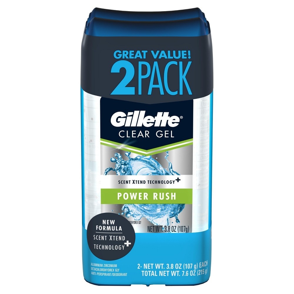 slide 4 of 7, Gillette Antiperspirant Deodorant for Men, Clear Gel, Power Rush, 72 Hr. Sweat Protection, Twin Pack, 3.8 oz each, 2 ct; 3.8 oz