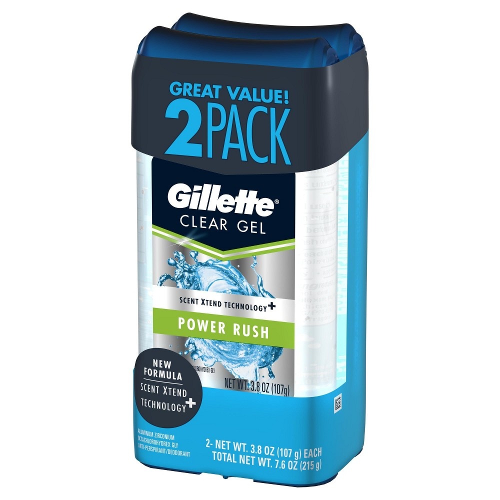 slide 6 of 7, Gillette Antiperspirant Deodorant for Men, Clear Gel, Power Rush, 72 Hr. Sweat Protection, Twin Pack, 3.8 oz each, 2 ct; 3.8 oz