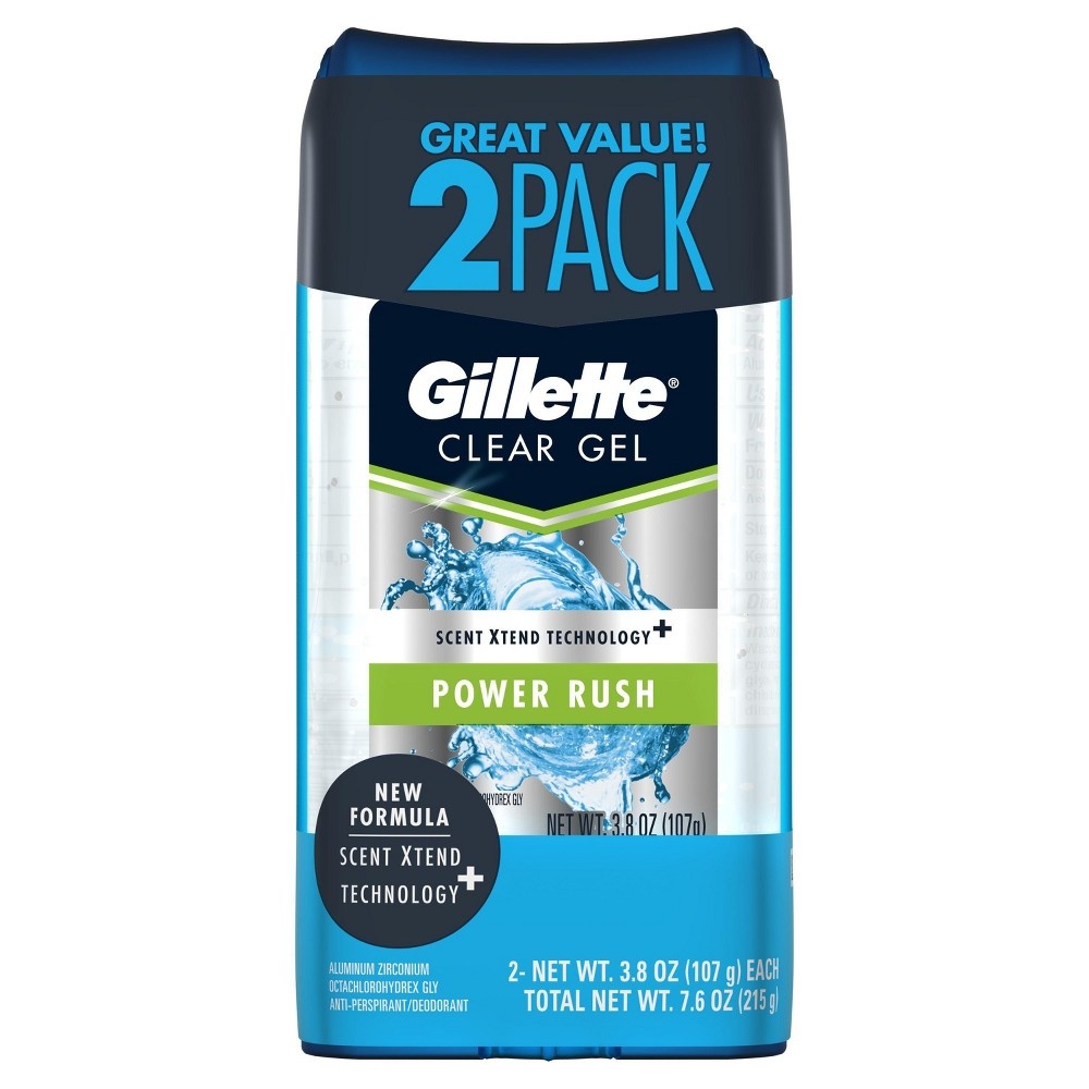 slide 7 of 7, Gillette Antiperspirant Deodorant for Men, Clear Gel, Power Rush, 72 Hr. Sweat Protection, Twin Pack, 3.8 oz each, 2 ct; 3.8 oz