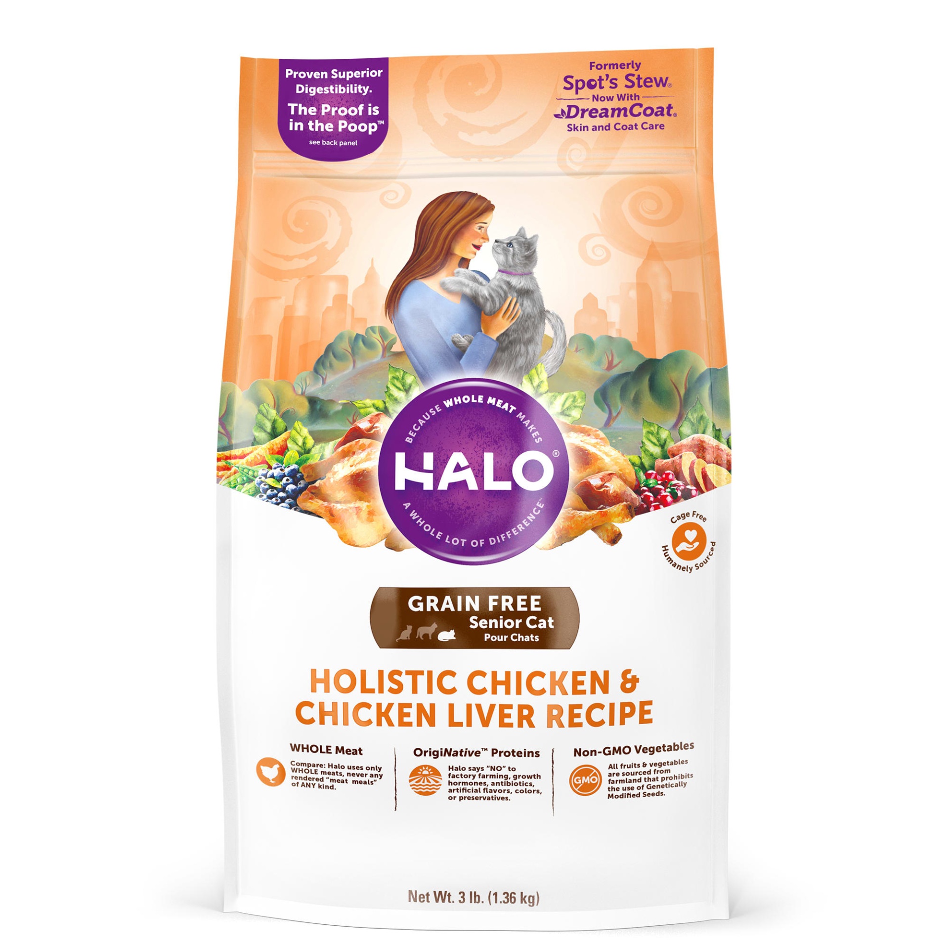 slide 1 of 1, Halo Grain Free Senior Holistic Chicken & Chicken Liver Dry Cat Food, 3 lb