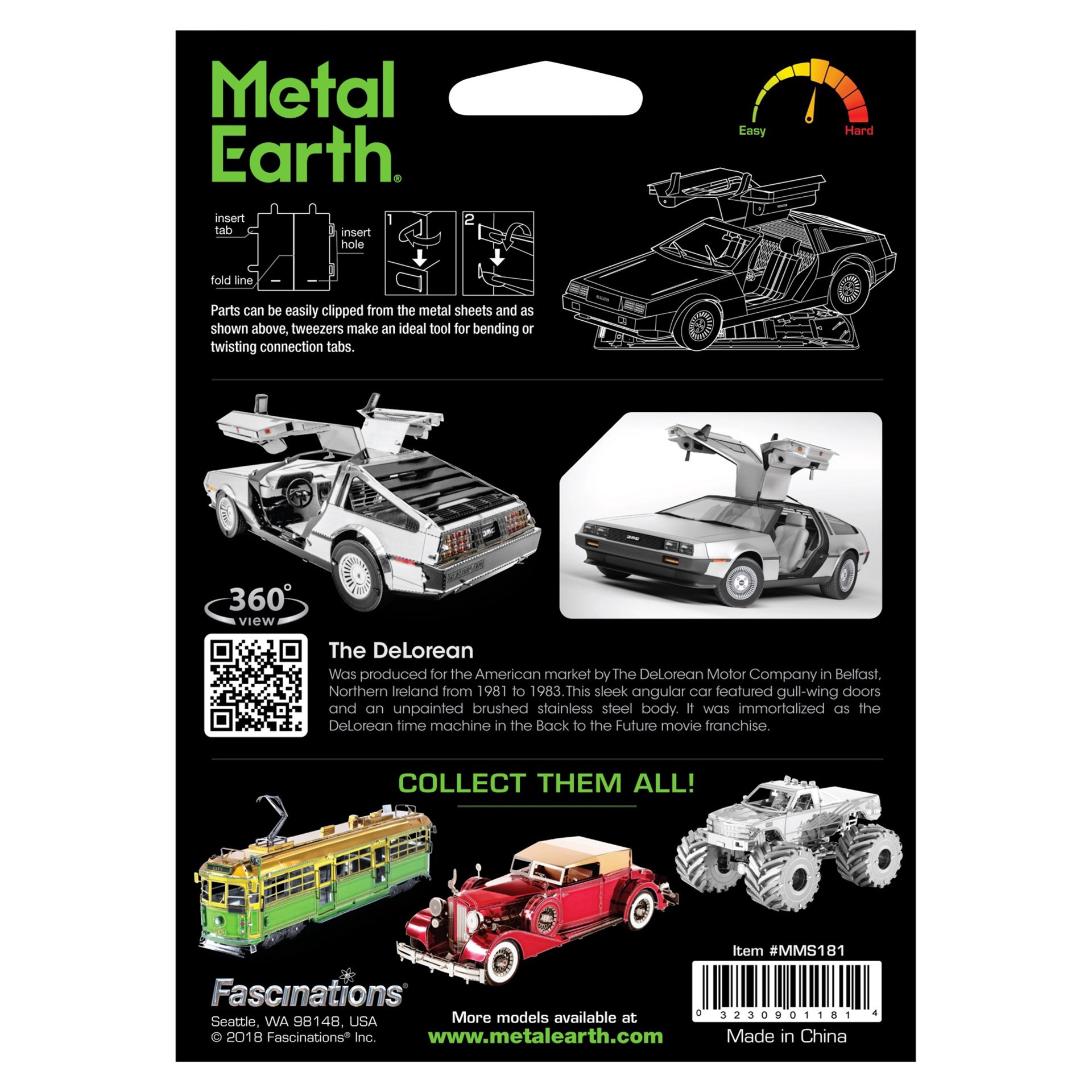 slide 8 of 15, Fascinations Metal Earth Delorean Steel Model Kit, 3.5 in x 1.25 in x 1.15 in