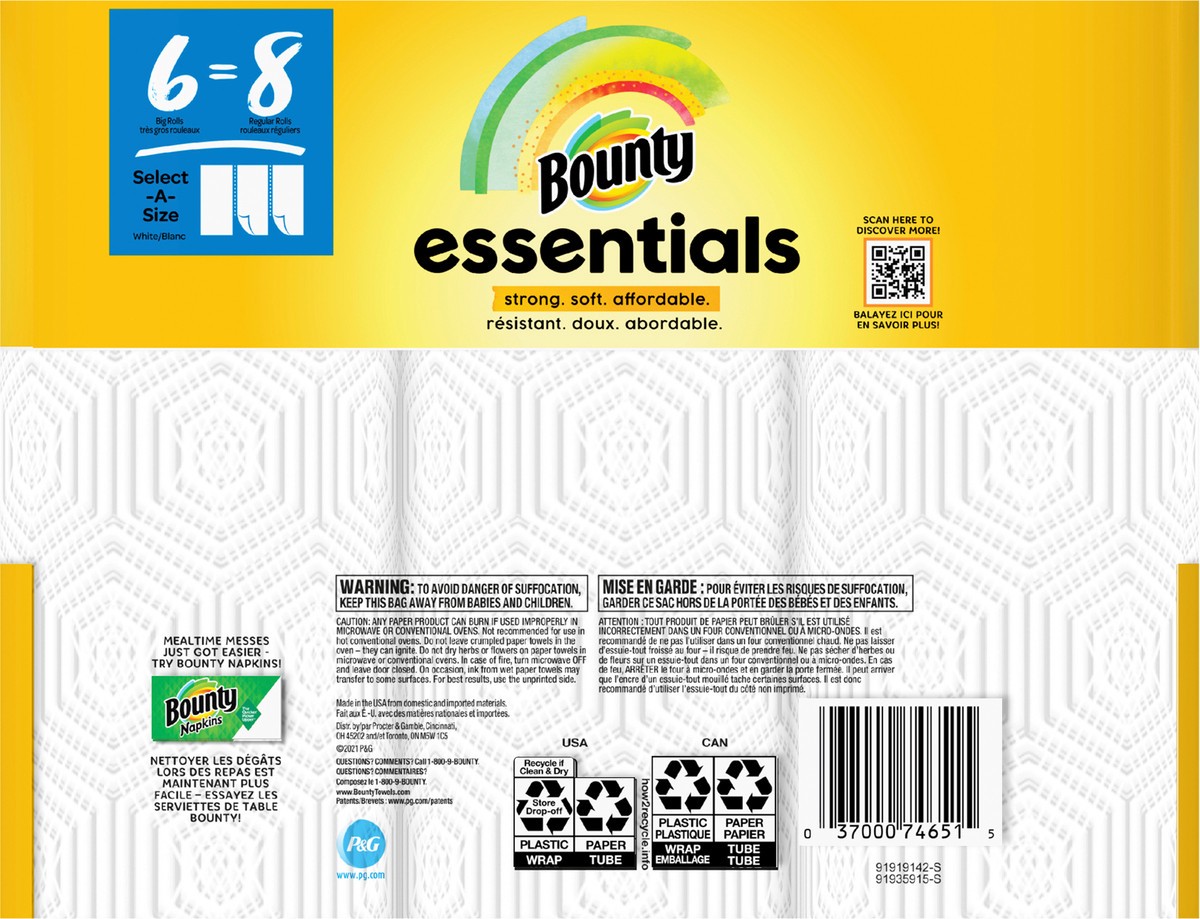 slide 6 of 7, Bounty Essentials Select-A-Size Paper Towels, White, 6 Big Rolls = 8 Regular Rolls, 6 Count, 6 ct