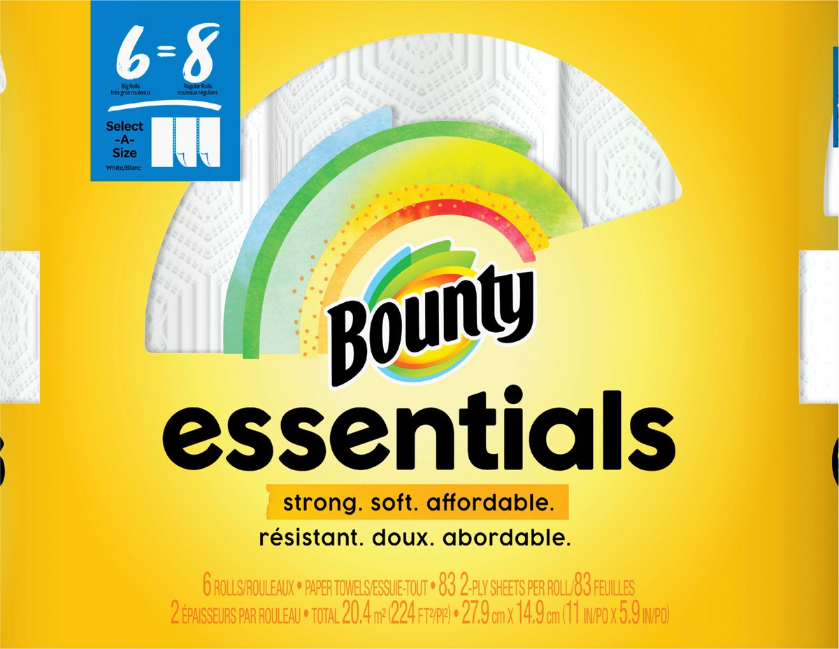 slide 2 of 7, Bounty Essentials Select-A-Size Paper Towels, White, 6 Big Rolls = 8 Regular Rolls, 6 Count, 6 ct