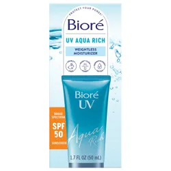 Biore UV Aqua Rich Daily Hydrating Facial Moisturizer with SPF 50 PA++++ | Oil Free Sunscreen for Sensitive Skin with Hyaluronic Acid, Non-Comedogenic, Dermatologist Tested, 1.7 oz