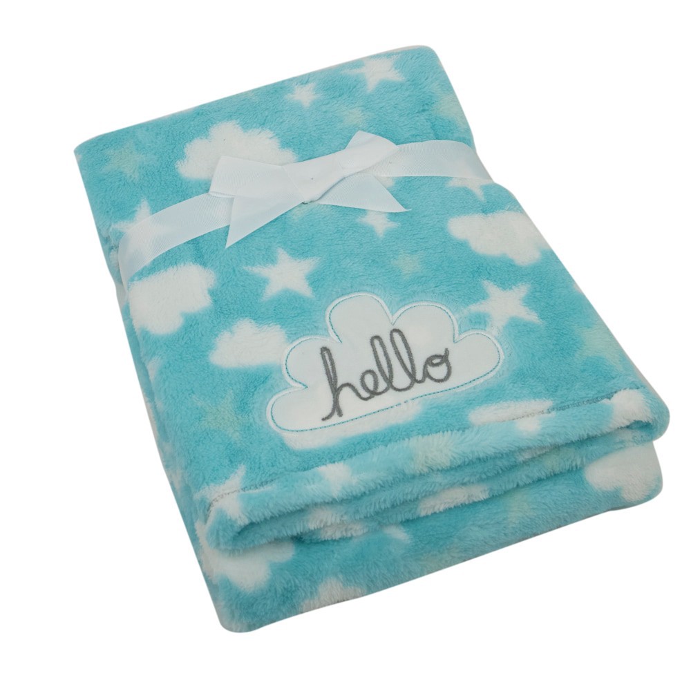 slide 3 of 4, Cutie Pie Cloud Print Plush Baby Blanket - Blue, 1 ct