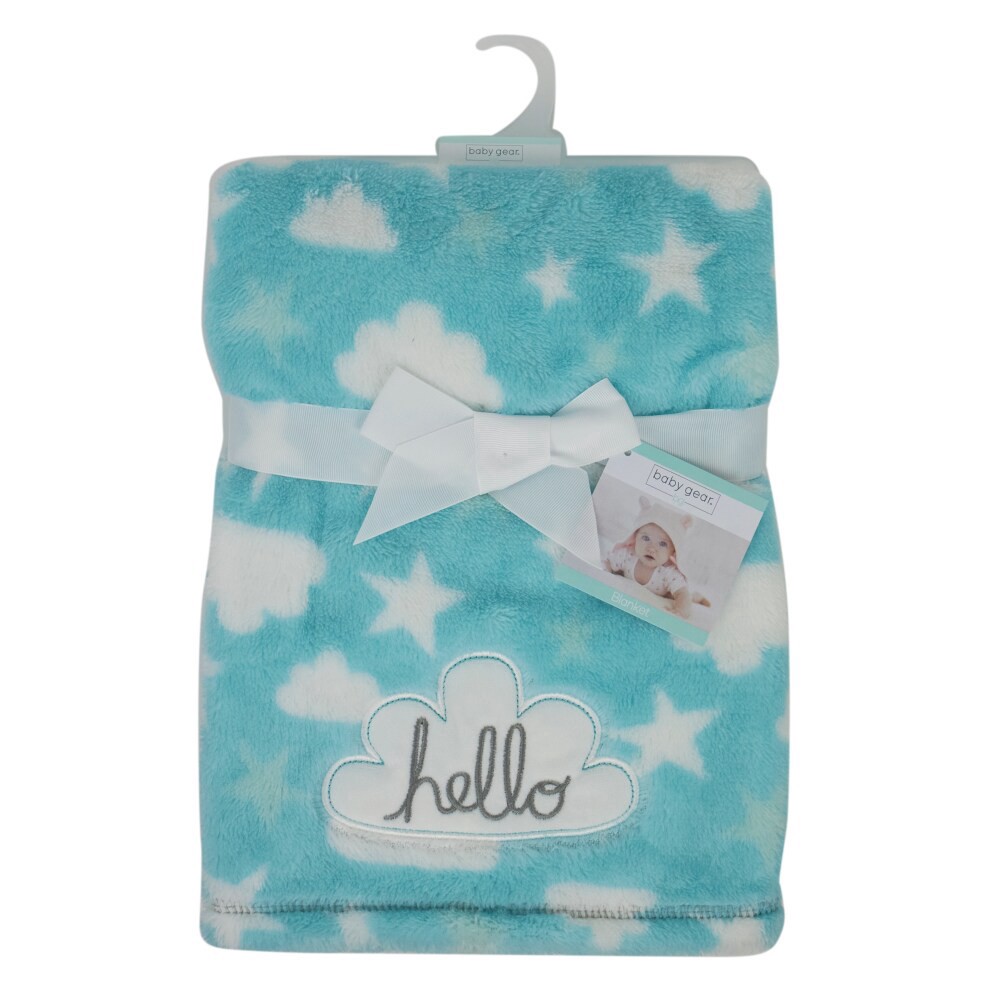 slide 2 of 4, Cutie Pie Cloud Print Plush Baby Blanket - Blue, 1 ct
