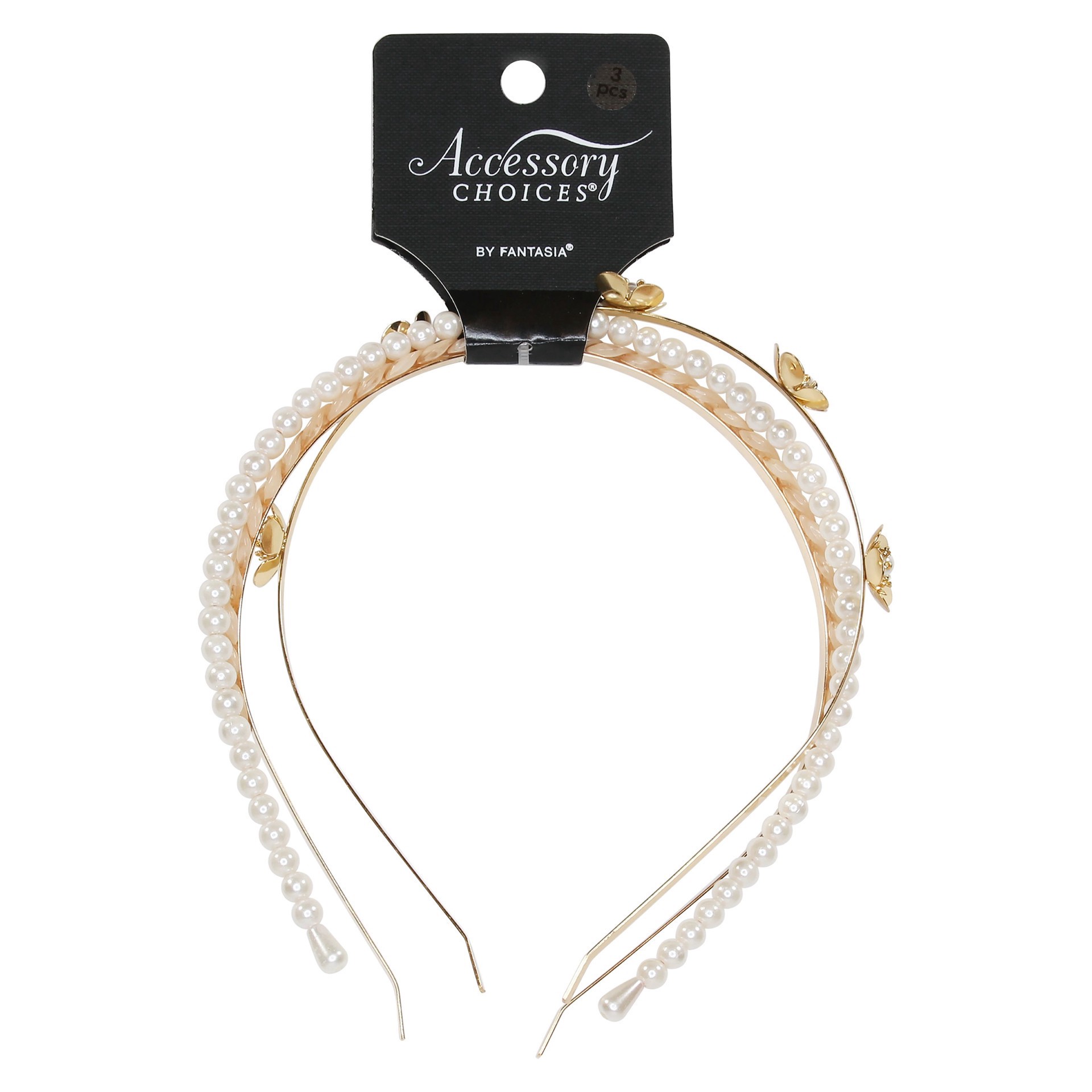 slide 1 of 1, Accessory Choice Metal Headbands Pack - Flowers, Braided Chain, & Pearls, 3 ct