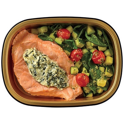 slide 1 of 1, H-E-B Meal Simple Spinach & Feta Stuffed Salmon with Zucchini, Spinach, & Tomatoes, 12 oz