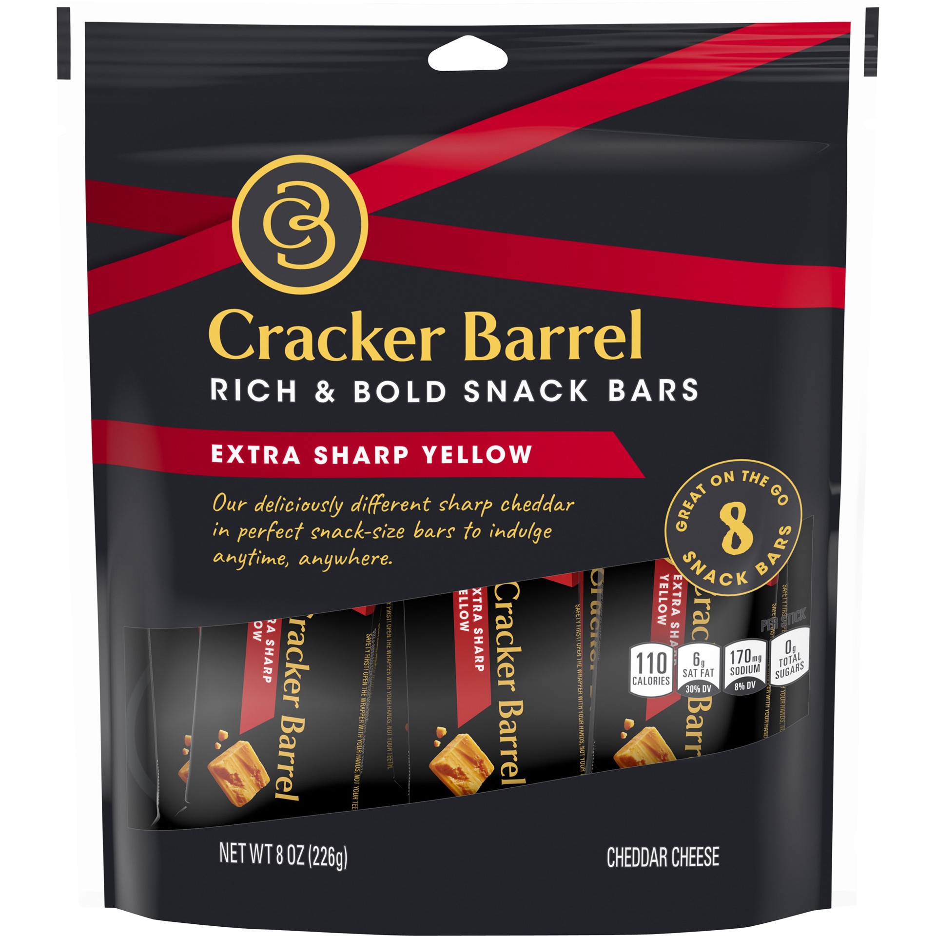 slide 1 of 6, Cracker Barell Rich & Bold Cheese Snack Bars Extra Sharp Yellow, 8 ct