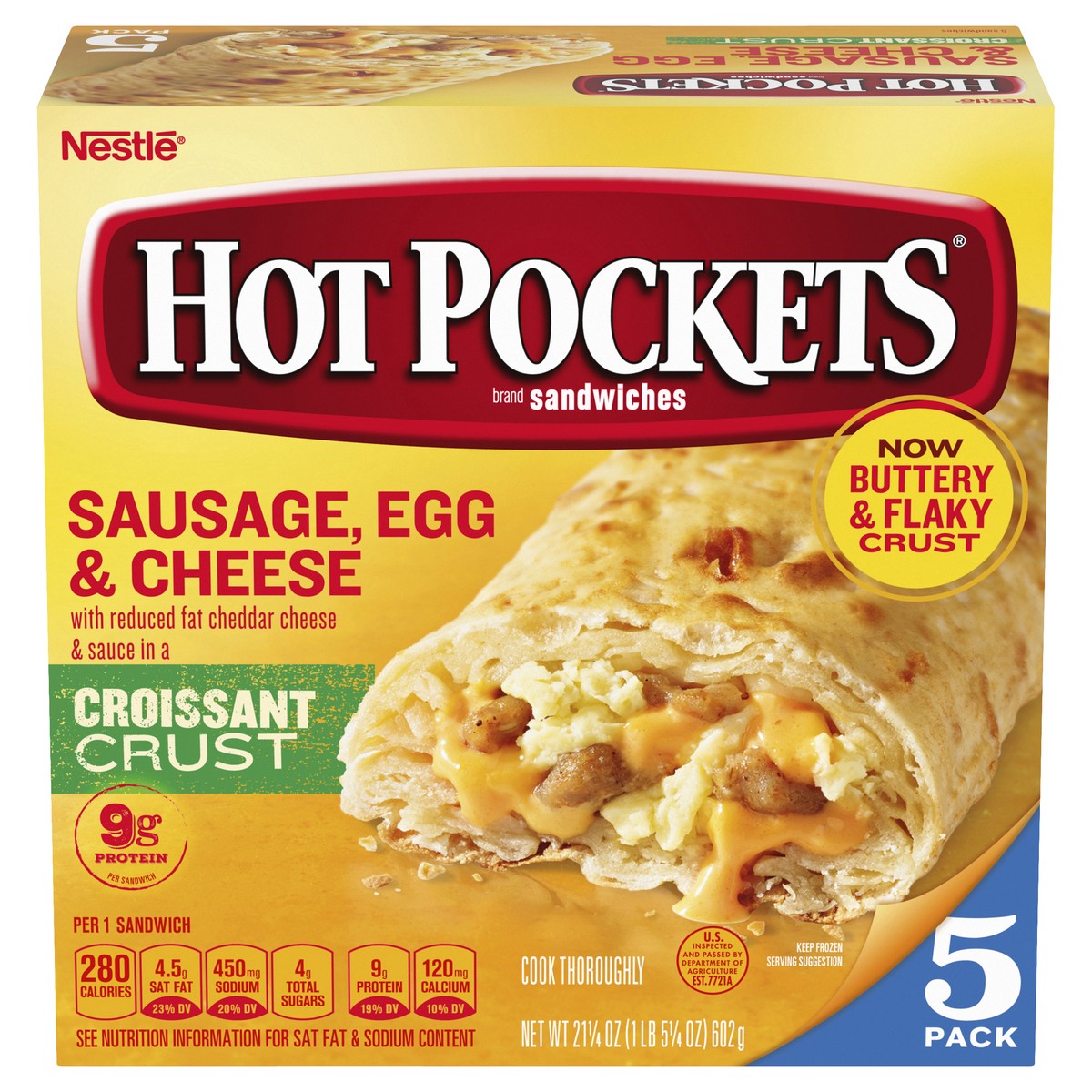 slide 1 of 6, Hot Pockets Sausage, Egg & Cheese Croissant Crust Frozen Breakfast Sandwiches, Breakfast Hot Pockets Made with Real Reduced Fat Cheddar Cheese, 5 Count, 5 ct