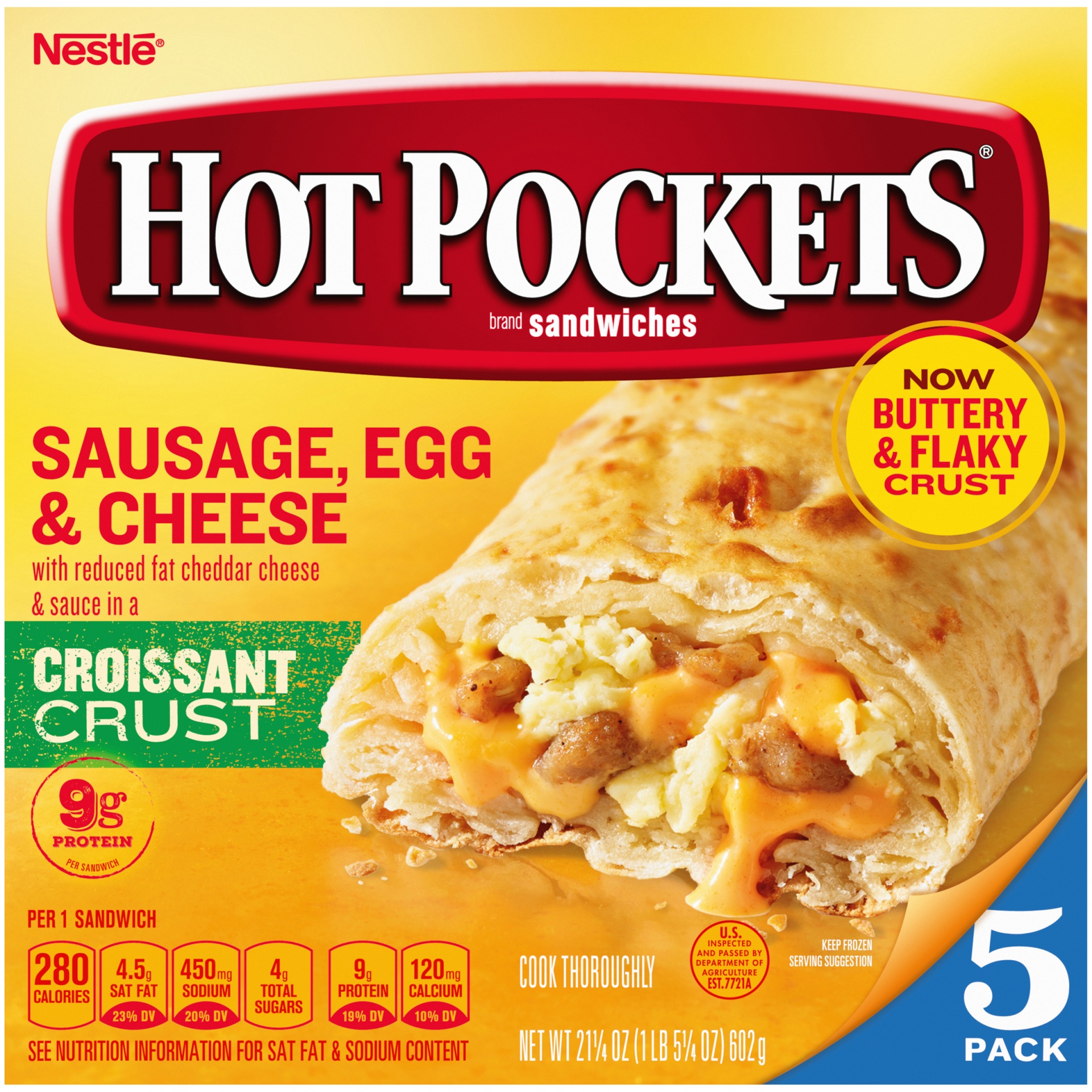 slide 1 of 1, Hot Pockets Sausage, Egg & Cheese Croissant Crust Frozen Breakfast Sandwiches, 5 ct