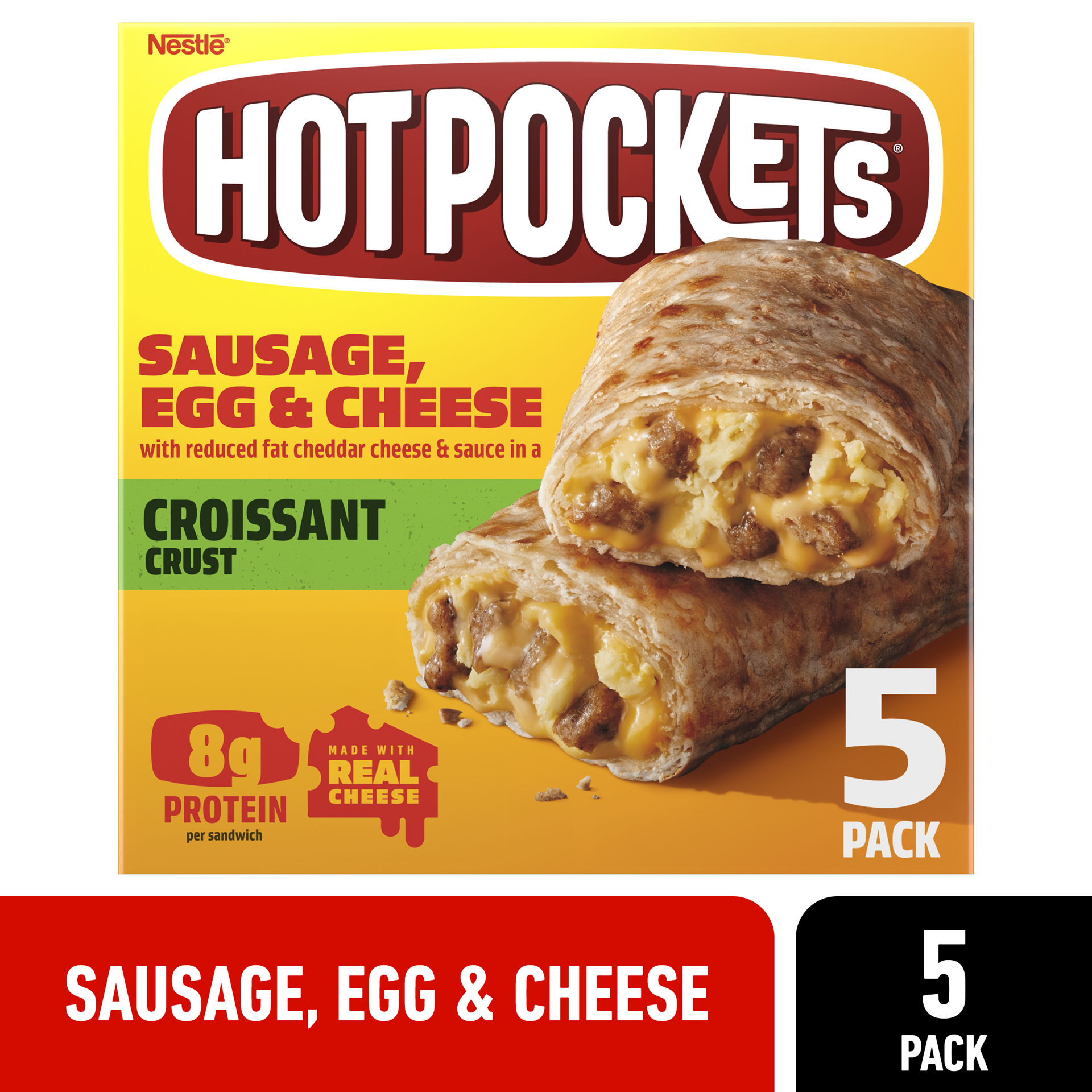 slide 1 of 7, Hot Pockets Sausage, Egg & Cheese Croissant Crust Frozen Breakfast Sandwiches, Breakfast Hot Pockets Made with Real Reduced Fat Cheddar Cheese, 5 Count, 5 ct