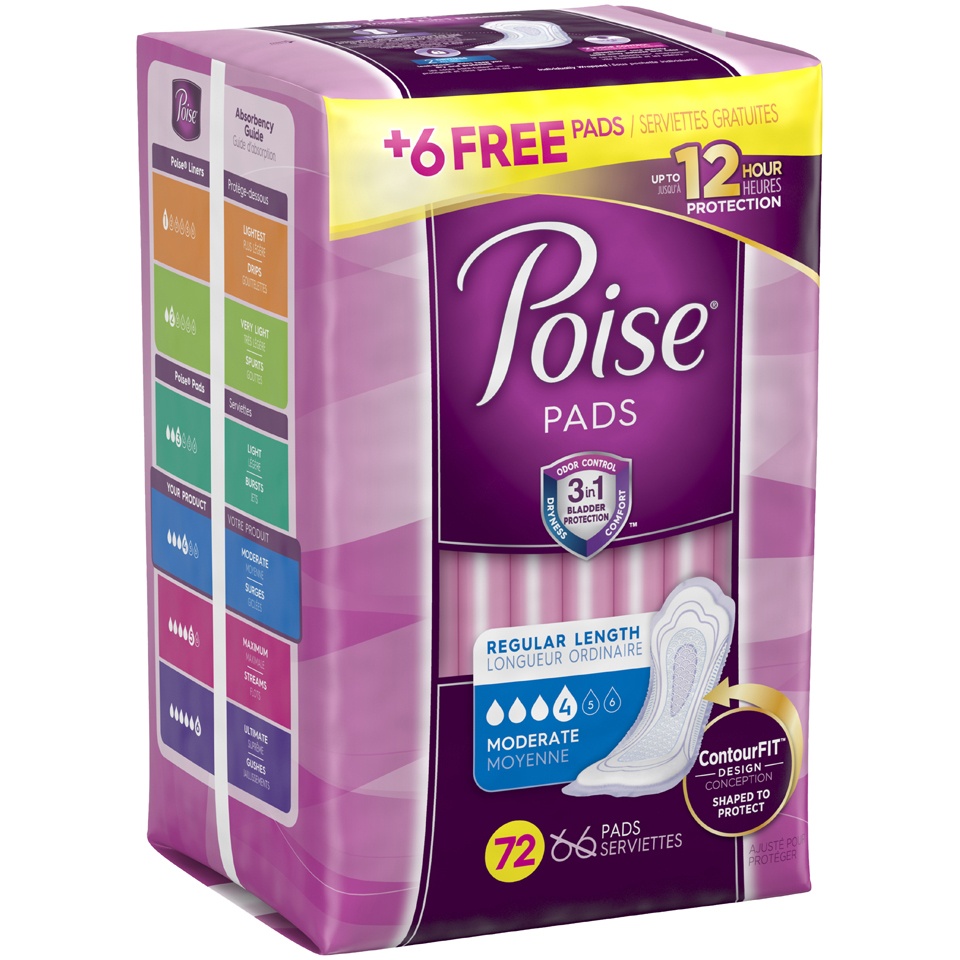 slide 2 of 3, Poise Incontinence Pads, Moderate Absorbency, Regular, 72 Count (2 Cases), 1 ct