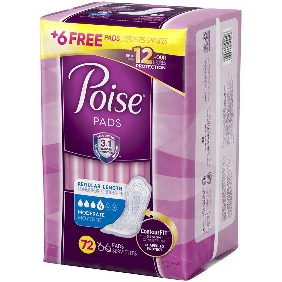 slide 3 of 3, Poise Incontinence Pads, Moderate Absorbency, Regular, 72 Count (2 Cases), 1 ct