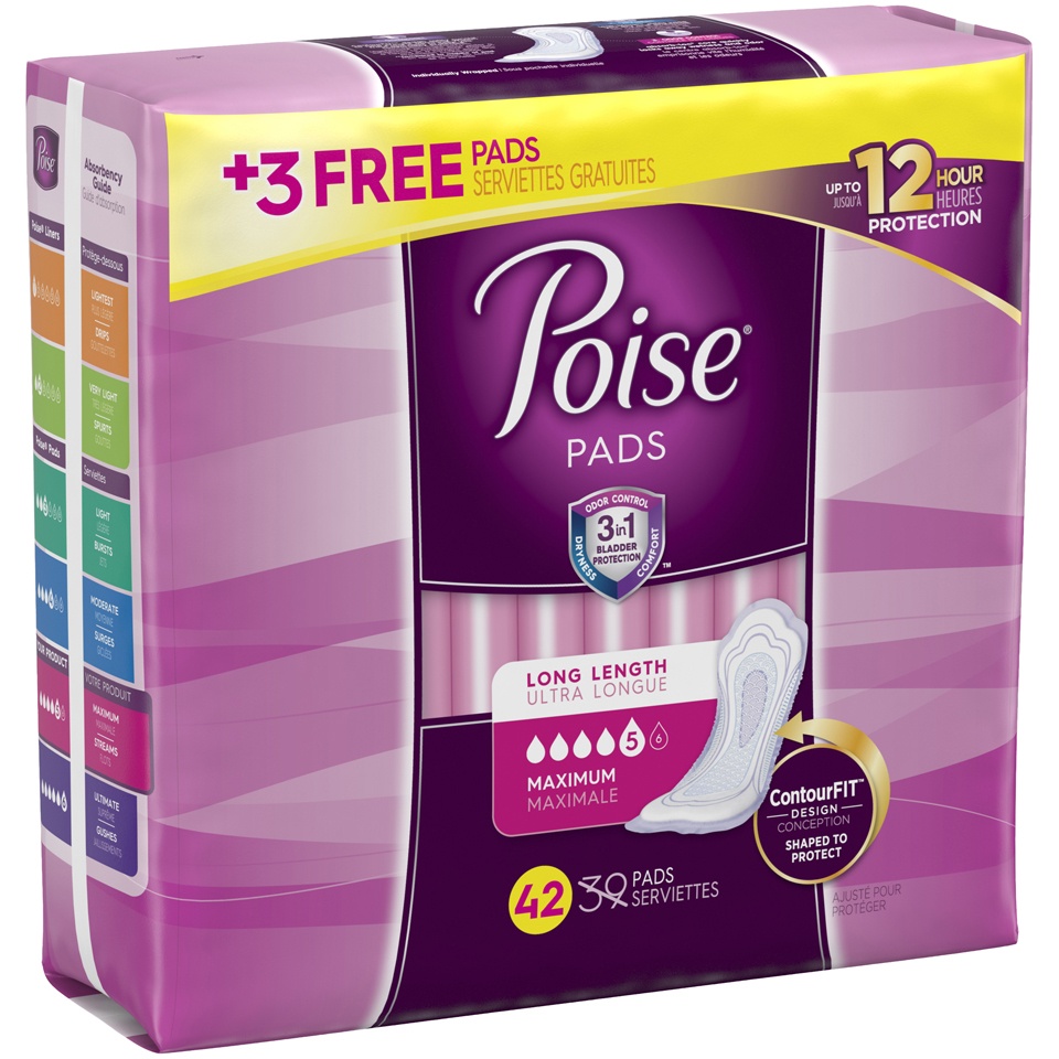 slide 2 of 3, Poise Incontinence Pads, Maximum Absorbency, Long, 42 Count (2 Cases), 1 ct