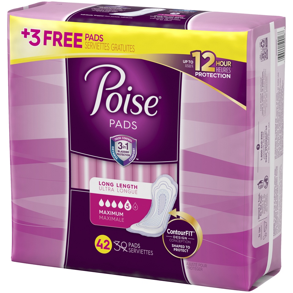 slide 3 of 3, Poise Incontinence Pads, Maximum Absorbency, Long, 42 Count (2 Cases), 1 ct