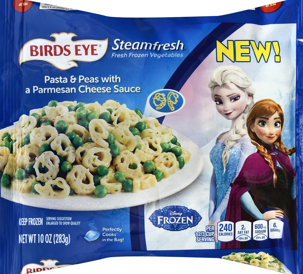 slide 5 of 5, Birds Eye Steamfresh Disney Frozen Pasta & Peas with a Parmesan Cheese Sauce, 10 oz