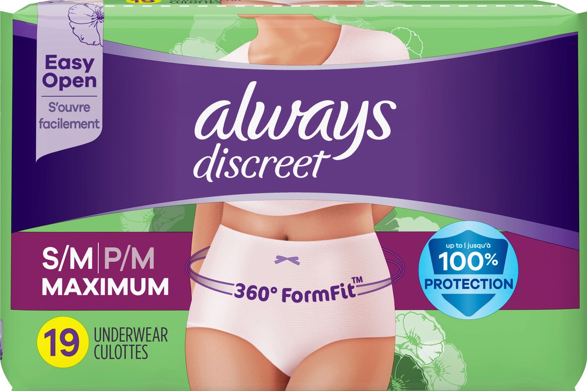 Always Discreet Adult Incontinence Underwear for Women and Postpartum  Underwear, S/M, Up to 100% Bladder Leak Protection, 19 CT, 19 ct
