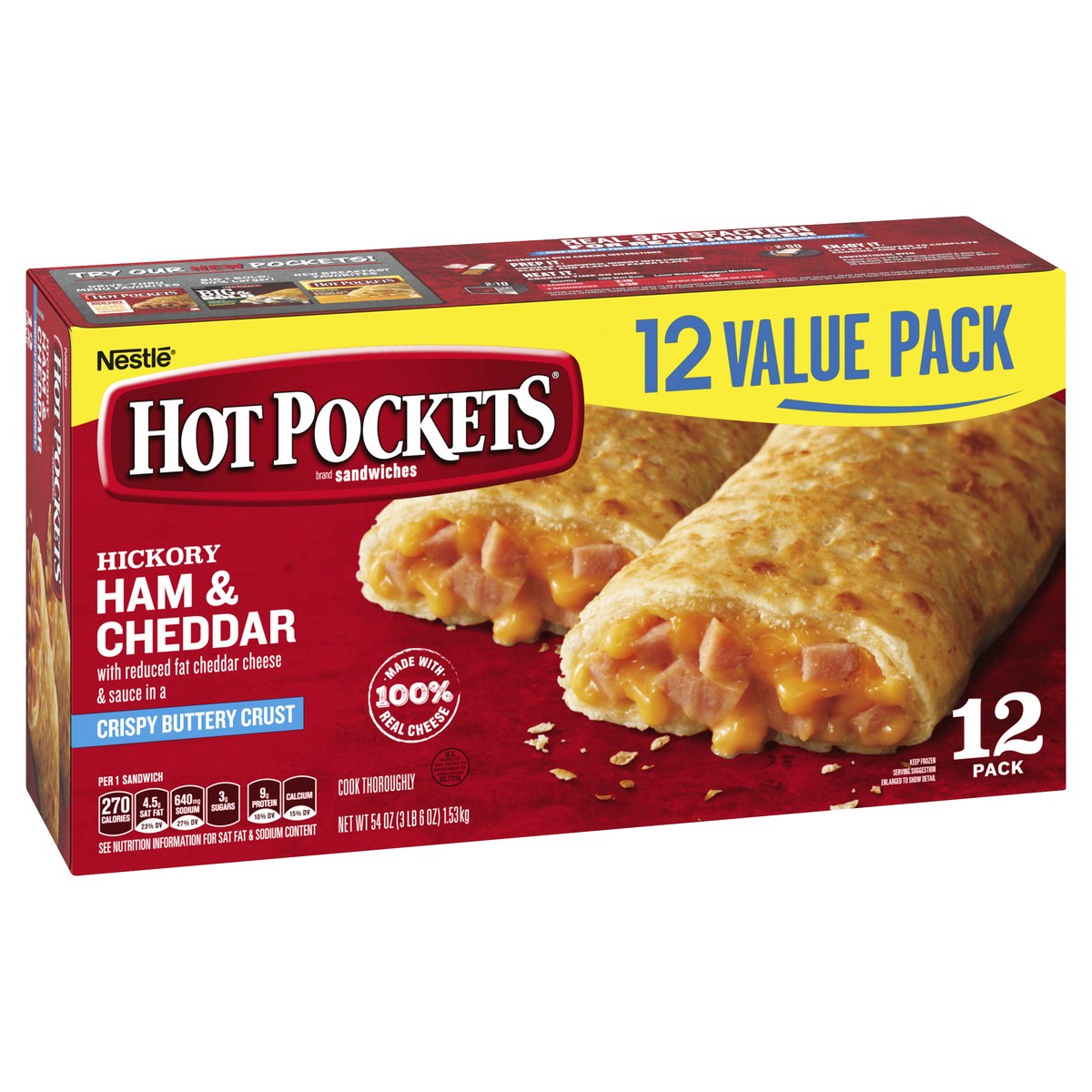 slide 2 of 8, Hot Pockets Hickory Ham & Cheddar Frozen Snacks in a Crispy Buttery Crust, Frozen Ham and Cheese Sandwiches, 12 Count, 12 ct