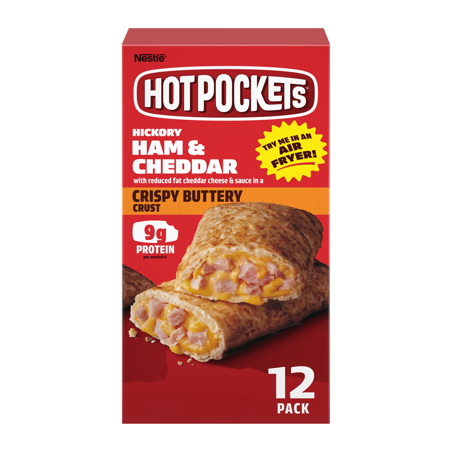 slide 1 of 8, Hot Pockets Hickory Ham & Cheddar Frozen Snacks in a Crispy Buttery Crust, Frozen Ham and Cheese Sandwiches, 12 Count, 12 ct