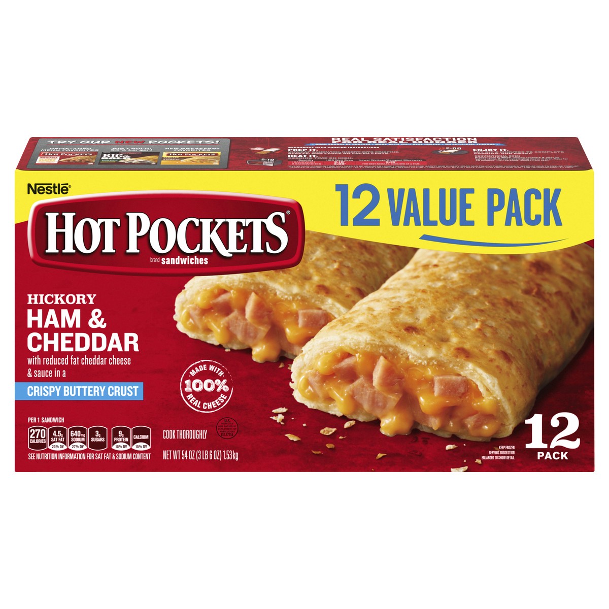 slide 1 of 8, Hot Pockets Hickory Ham & Cheddar Frozen Snacks in a Crispy Buttery Crust, Frozen Ham and Cheese Sandwiches, 12 Count, 12 ct