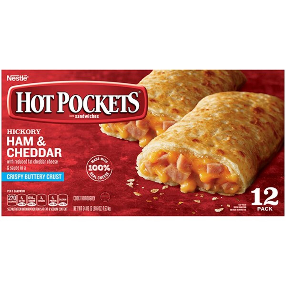 slide 4 of 8, Hot Pockets Hickory Ham & Cheddar Frozen Snacks in a Crispy Buttery Crust, Frozen Ham and Cheese Sandwiches, 12 Count, 12 ct