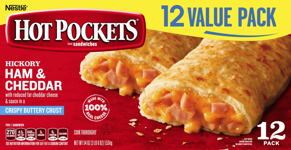 slide 5 of 8, Hot Pockets Hickory Ham & Cheddar Frozen Snacks in a Crispy Buttery Crust, Frozen Ham and Cheese Sandwiches, 12 Count, 12 ct