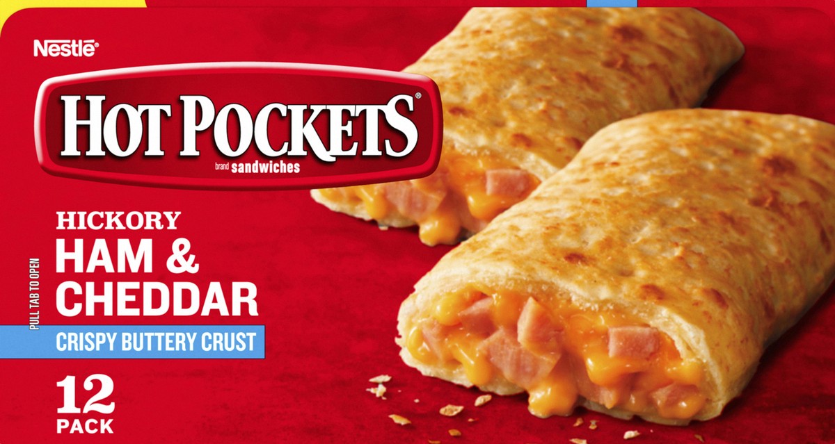 slide 6 of 8, Hot Pockets Hickory Ham & Cheddar Frozen Snacks in a Crispy Buttery Crust, Frozen Ham and Cheese Sandwiches, 12 Count, 12 ct