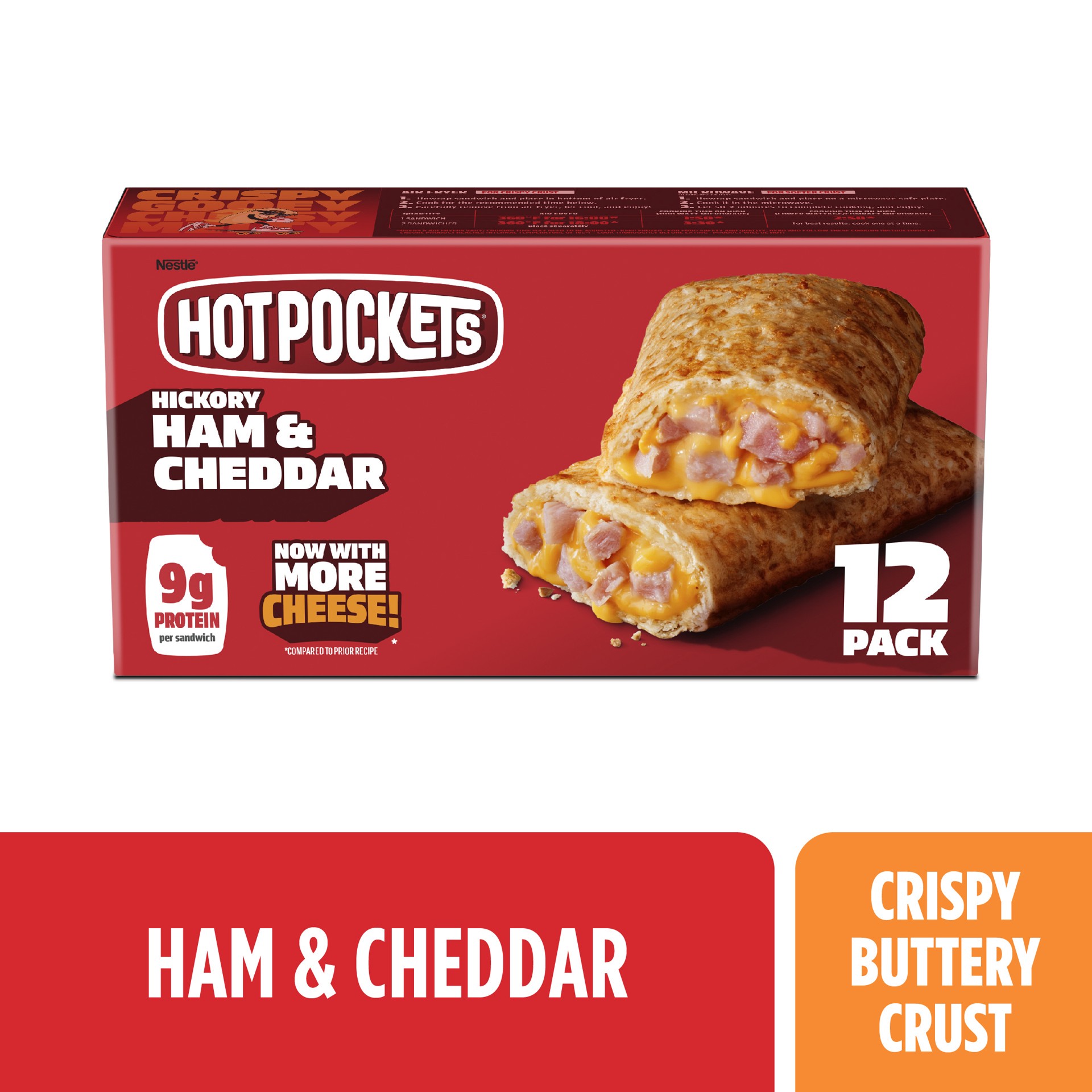 slide 1 of 8, Hot Pockets Hickory Ham and Cheddar, Crispy Buttery Crust, Frozen Snack, 12 Pack, 12 ct