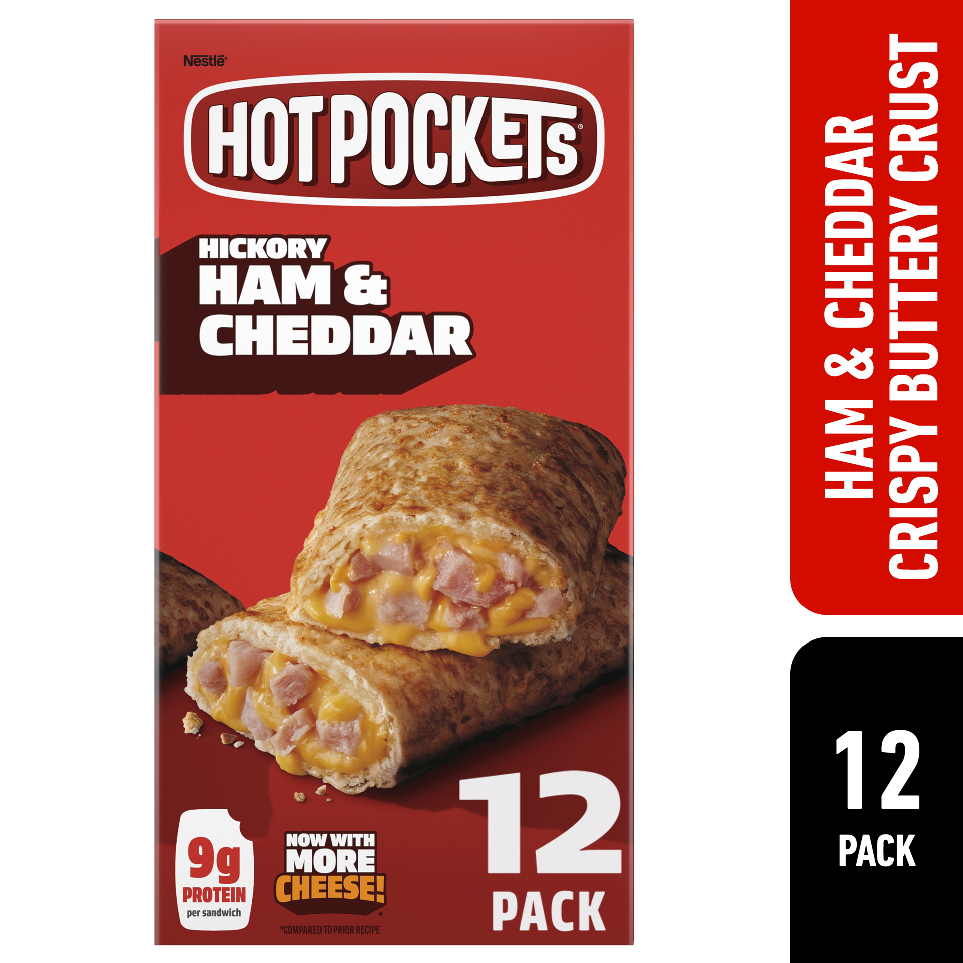 slide 1 of 8, Hot Pockets Hickory Ham & Cheddar Frozen Snacks in a Crispy Buttery Crust, Frozen Ham and Cheese Sandwiches, 12 Count, 12 ct