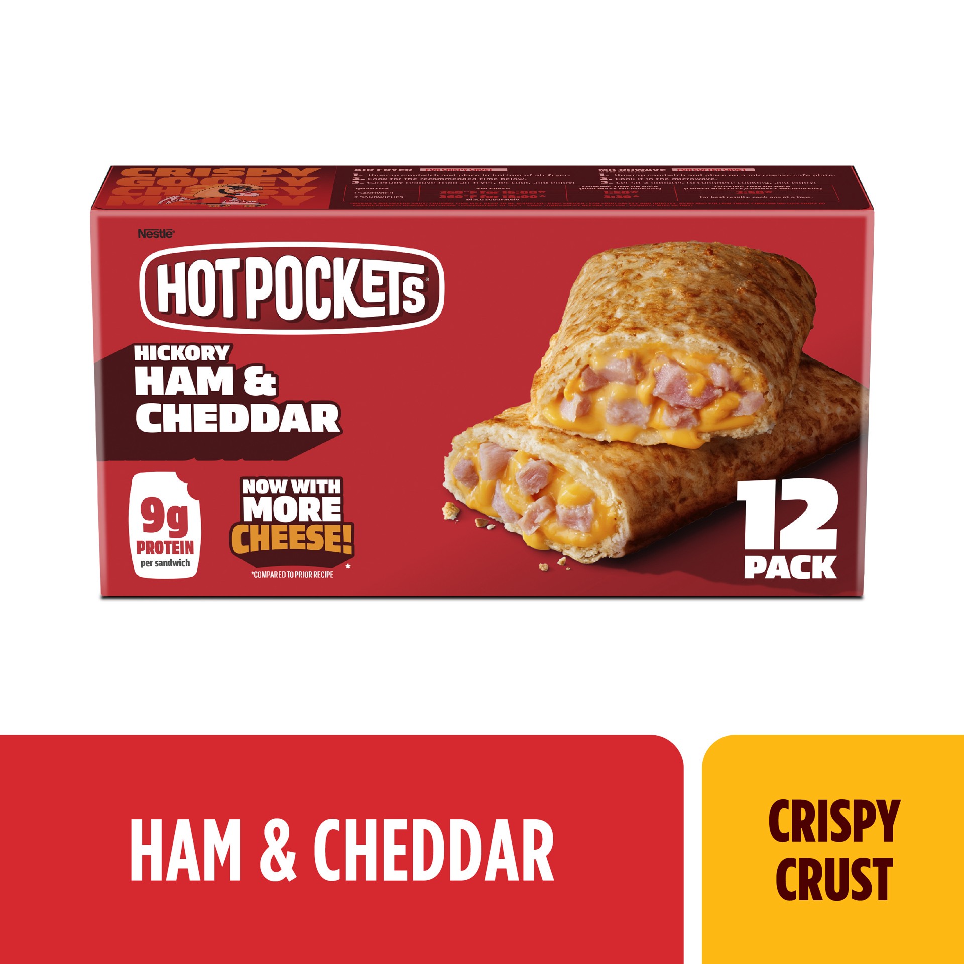 slide 1 of 8, Hot Pockets Hickory Ham and Cheddar, Crispy Buttery Crust, Frozen Snack, 12 Pack, 12 ct