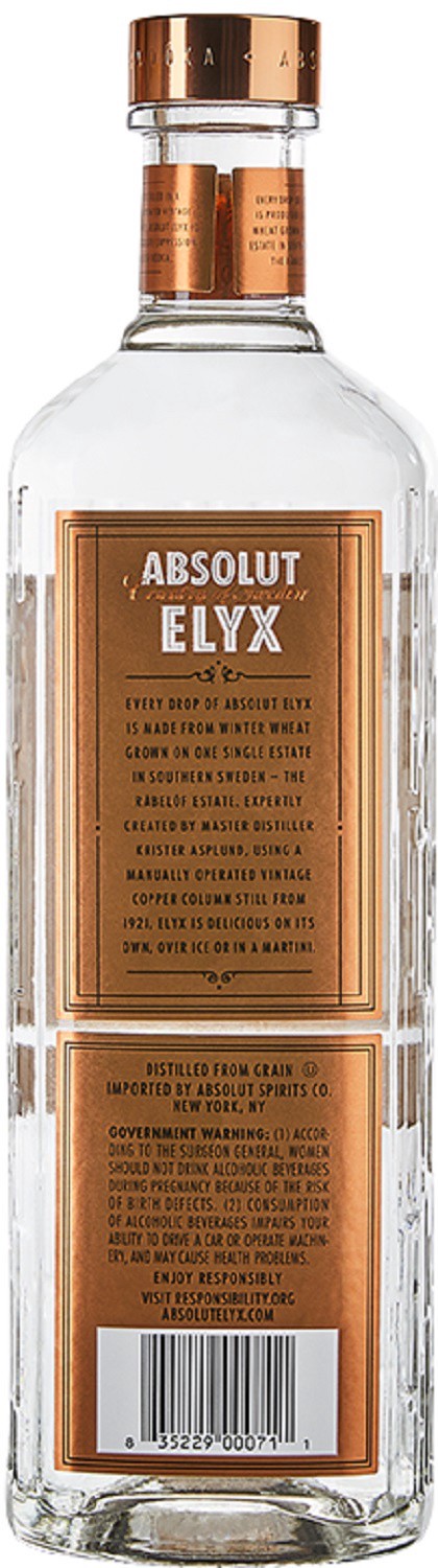slide 2 of 8, Absolut Elyx Vodka Absolut Elyx Handcrafted Vodka, 1 L Bottle, 42.3% ABV, 1 liter