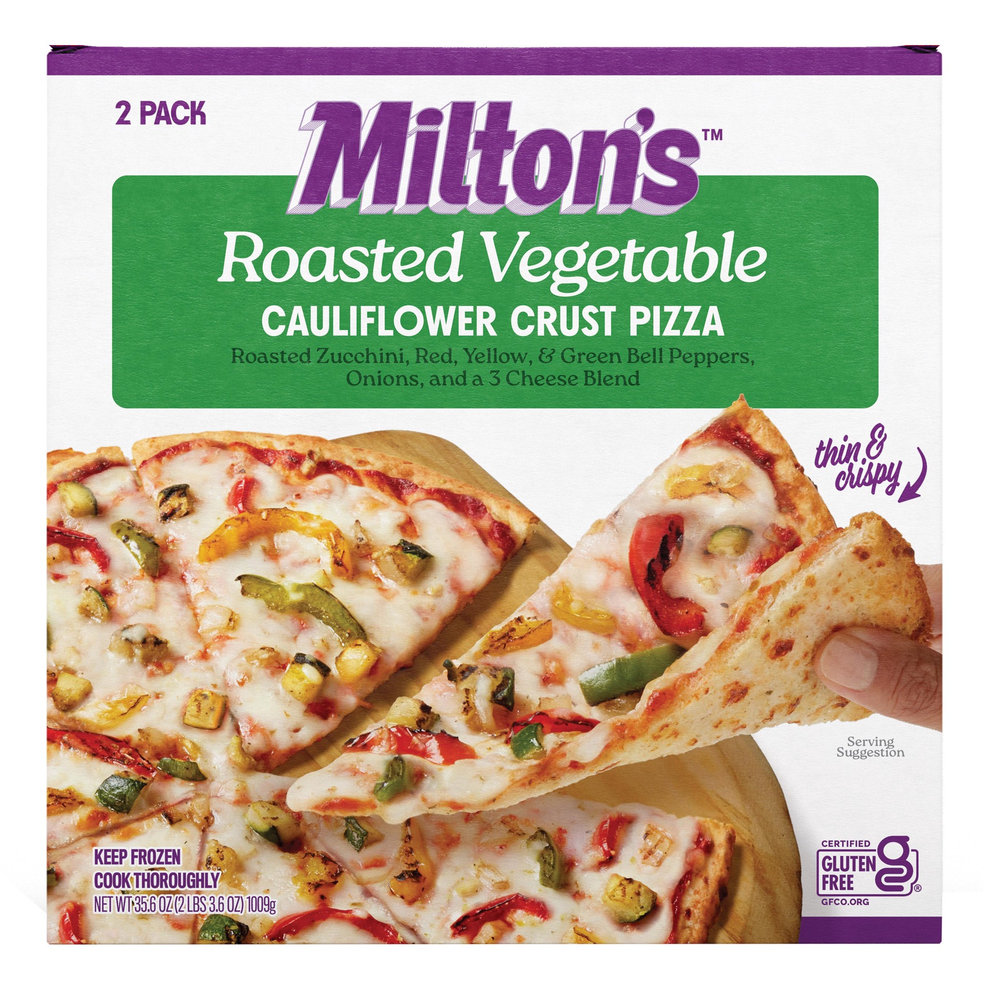 slide 1 of 1, Milton's Cauliflower Crust Pizza, Roasted Vegetable, 35.6 oz, 2 count, 