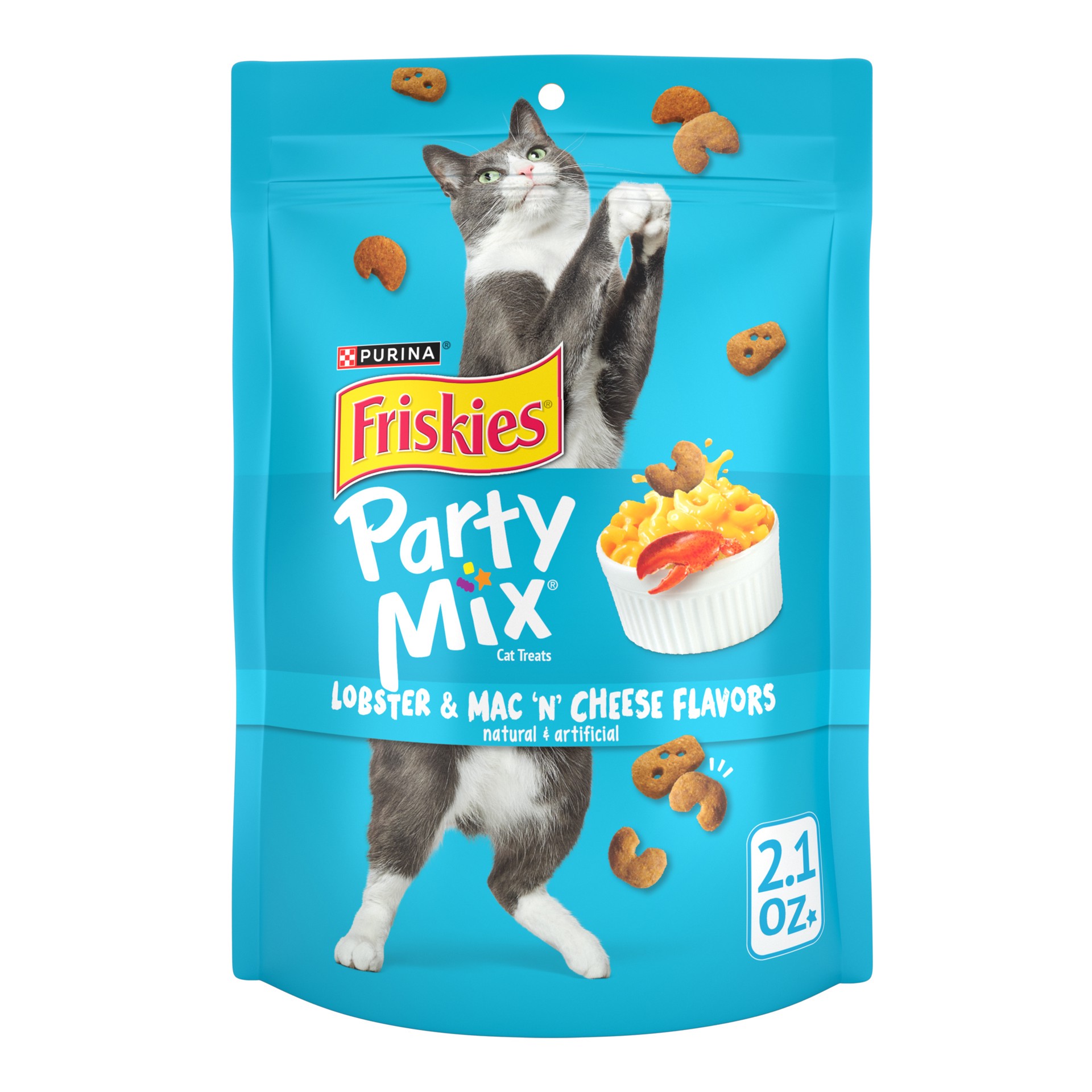 slide 1 of 9, Friskies Purina Friskies Cat Treats, Party Mix Lobster & Mac 'N' Cheese Flavors, 2.1 oz