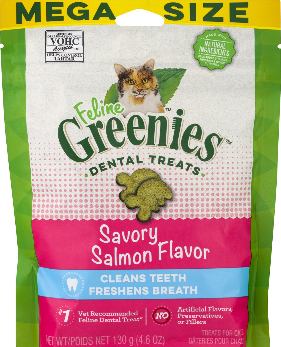 slide 4 of 9, Greenies FELINE GREENIES Adult Dental Cat Treats, Savory Salmon Flavor Pouch, 4.6 oz