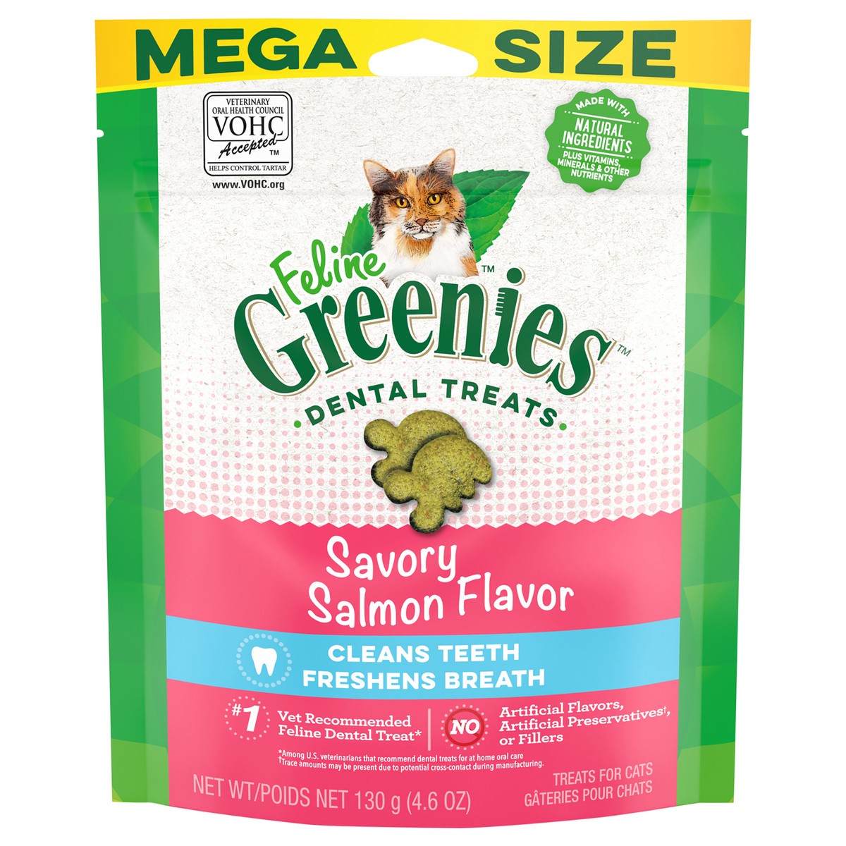 slide 1 of 9, Greenies FELINE GREENIES Adult Dental Cat Treats, Savory Salmon Flavor Pouch, 4.6 oz