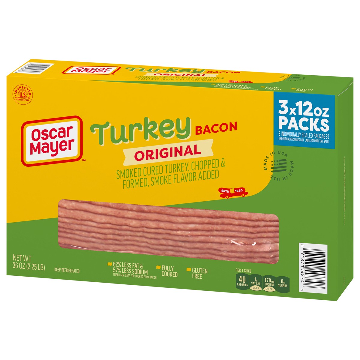 slide 2 of 14, Oscar Mayer Fully Cooked & Gluten Free Turkey Bacon with 62% Less Fat & 57% Less Sodium, 3 ct Box, 12 oz Packs, 53-55 total slices, 3 ct