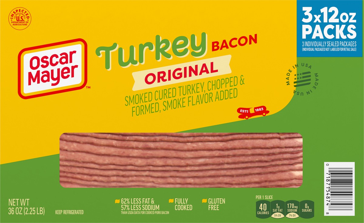 slide 6 of 14, Oscar Mayer Fully Cooked & Gluten Free Turkey Bacon with 62% Less Fat & 57% Less Sodium, 3 ct Box, 12 oz Packs, 53-55 total slices, 3 ct